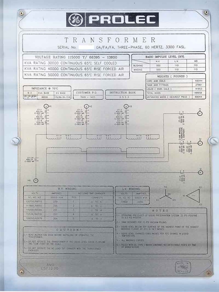 30000/50000 KVA, Pri 115000Y/66395, Sec 13800 D, 1999, GE PROLEC, COPPER