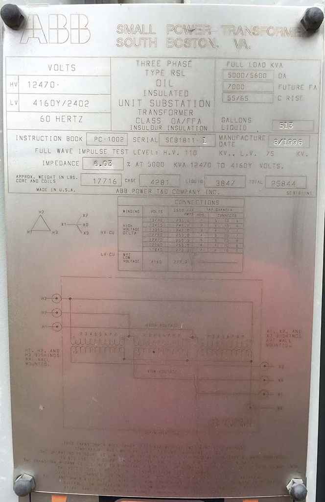 5000/5600/7000 KVA, Pri 12470 D, Sec 4160Y/2402, ABB, Type RSL, Oil