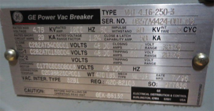1200 Amp, GENERAL ELECTRIC, VB1-4.16-250-3, 4160 V., EO/DO, 48 VDC MCT: