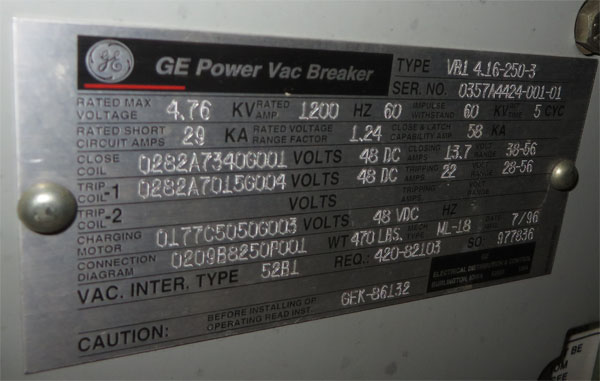 1200 Amp, GENERAL ELECTRIC, VB1-4.16-250-3, 4160 V., EO/DO, 48 VDC MCT: