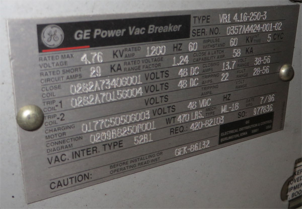 1200 Amp, GENERAL ELECTRIC, VB1-4.16-250-3, 4160 V., EO/DO, 48 VDC MCT: