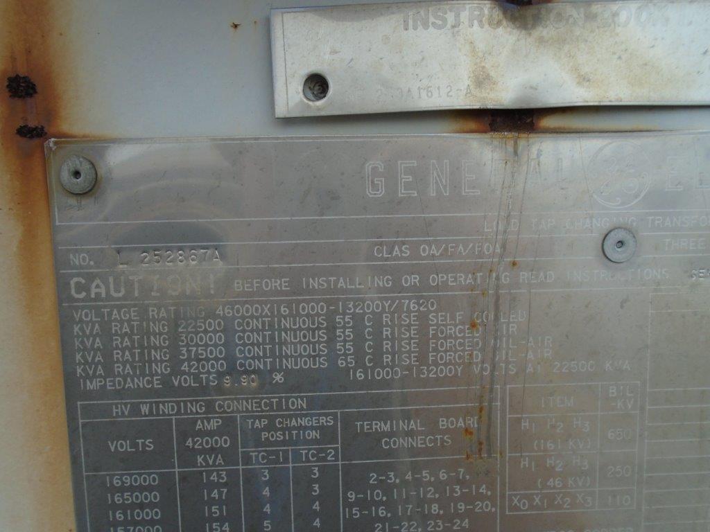 22.5/42 MVA, Pri 46000 X 161000 D, Sec 13200Y/7620, GENERAL ELECTRIC, LTC:1