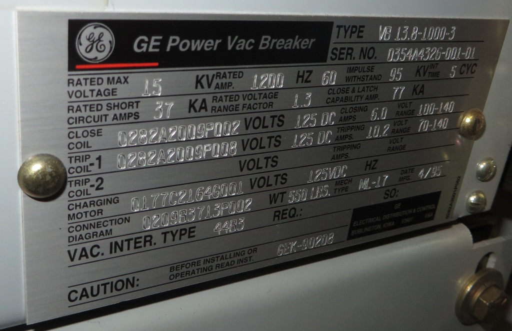 1200 Amp, GENERAL ELECTRIC, VB1-13.8-1000-3, 15 KV, ML-17 MECH, UNUSED;