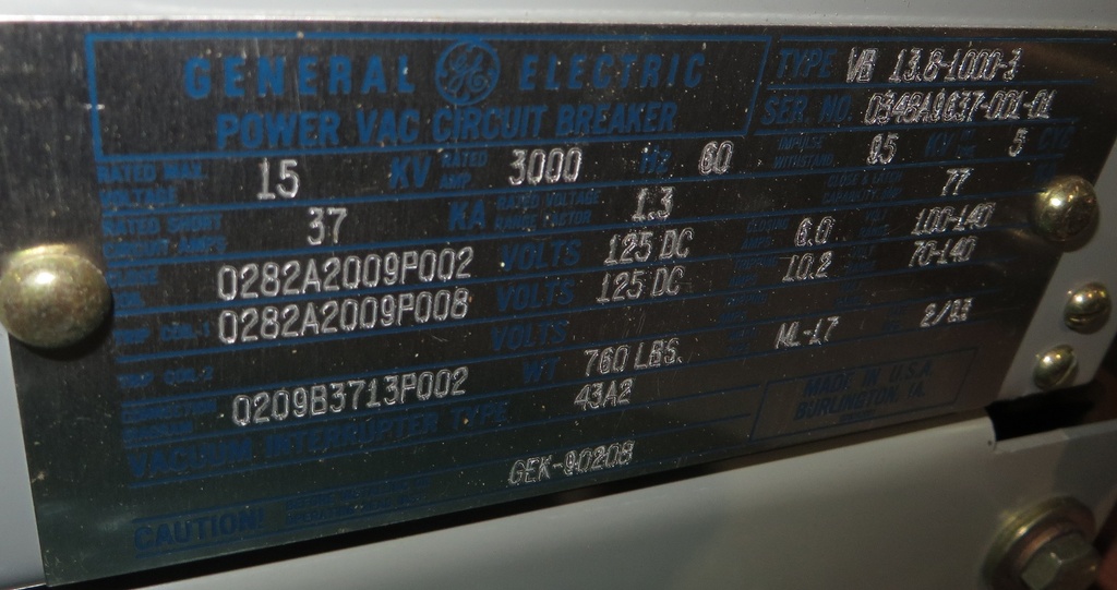 3000 Amp, GENERAL ELECTRIC, VB13.8-1000-3, 15 KV, ML-17 MECH, 125 VDC C&T;