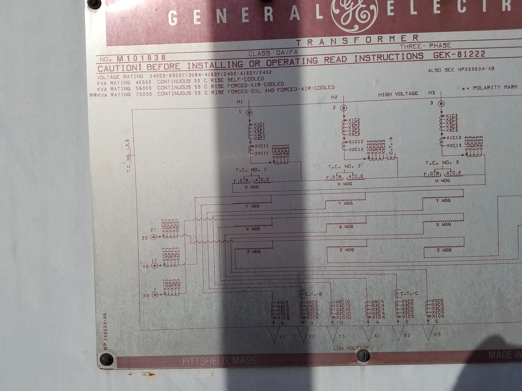 42/70 MVA, Pri 24000 D, Sec 6900Y/3984-4160Y/2402-4160Y/2402, GENERAL ELECTRIC