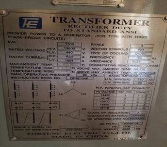 1500 KVA, Pri 13800 Y, Sec 480 D, FORTUNE ELECTRIC RECTIFIER TRANSFORMER, UNUSED