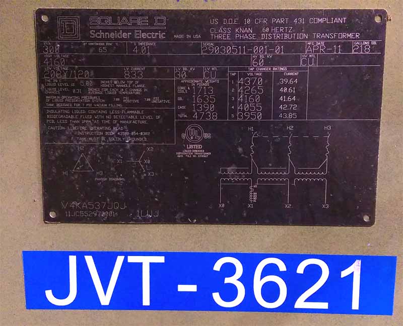 300 KVA, Pri 4160 D, Sec 208Y/120, 2011, SQUARE D, DEAD/RADIAL, BIOTEMP:1