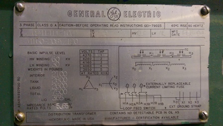 750 KVA, Pri 4160 D, Sec 208Y/120, 1994, GENERAL ELECTRIC, DEAD/LOOP, FUSED:1