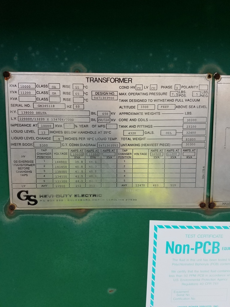 10000/11200 KVA, Pri 138000 D, Sec 22900Y/13220 X 12470Y/7200, GS HEVI-DUTY:1