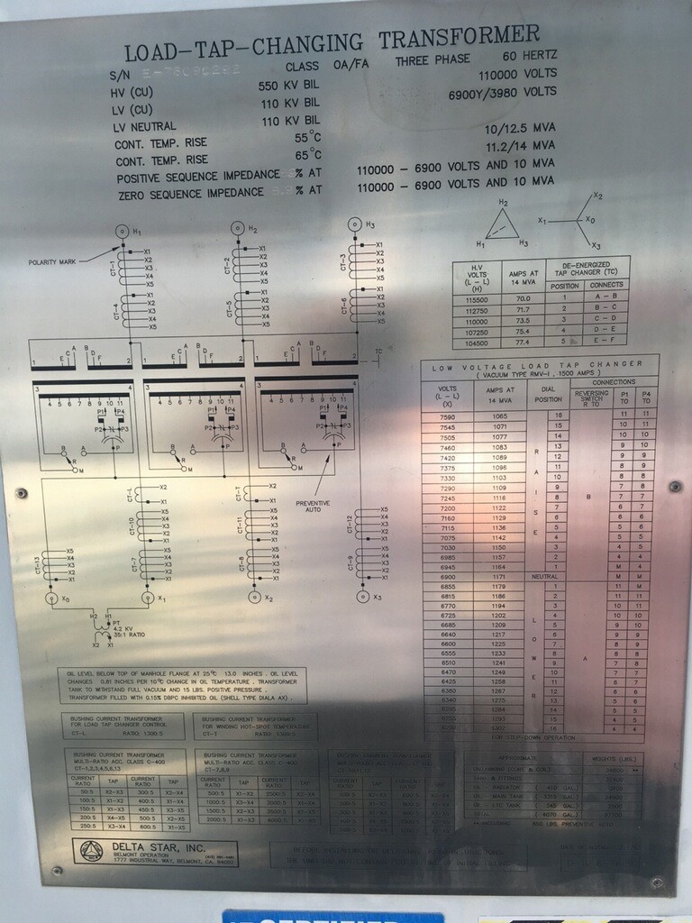 10000/14000 KVA, Pri 110000 D, Sec 6900Y/3980, DELTA STAR, LTC:1