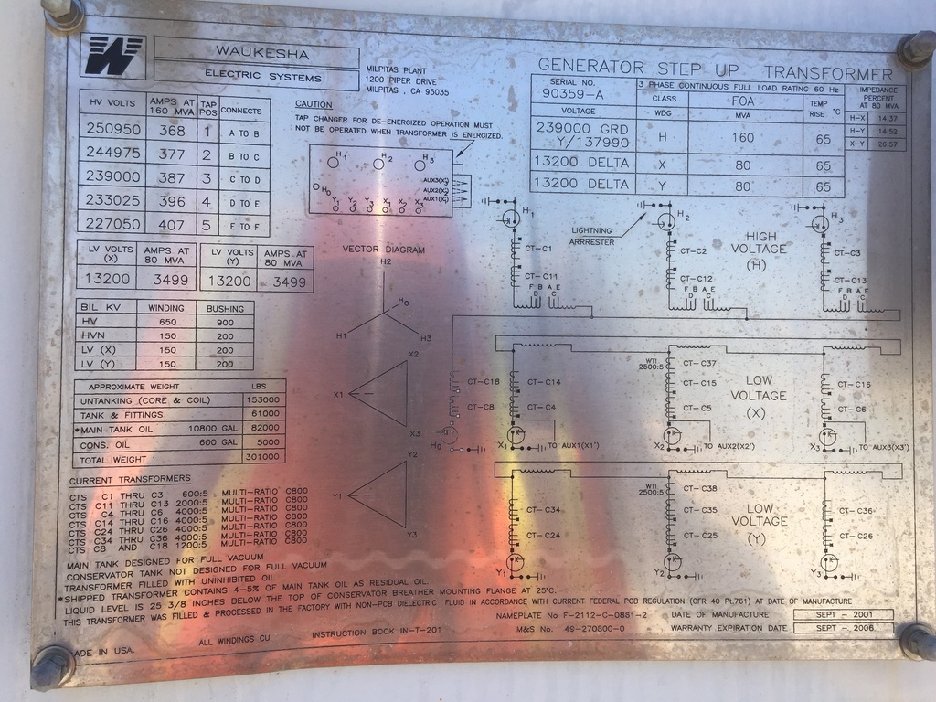 160000 KVA, Pri 239000Y/137990, Sec 13200 D x 13200 D, WAUKESHA, 2001:1