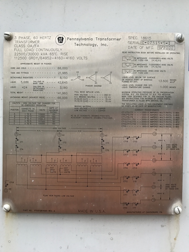 22500 KVA, Pri 112500Y/64952, Sec 4160 D X 4160 D, 2000, PENNSYLVANIA:1