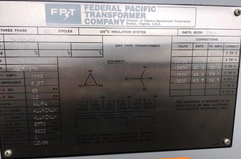 1000 KVA, Pri 13800 D, Sec 480Y/277, 1994, FEDERAL PACIFIC, INDOOR, ALUMINUM:1