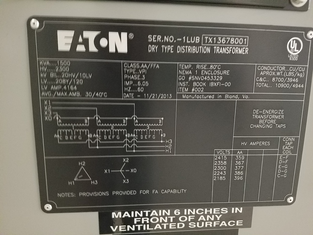 1500 KVA, Pri 2300 D, Sec 208Y/120, 2013, EATON, COPPER, INDOOR:1