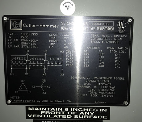1000/1333 KVA, Pri 2400 D, Sec 208Y/120, CUTLER-HAMMER, ALUMINUM, INDOOR