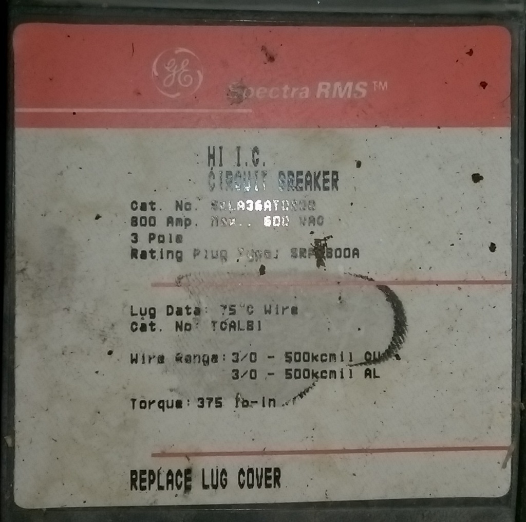 800 Amp, GENERAL ELECTRIC, SPECTRA RMS, 600 V., Cat. No. SKLA36AT0800: