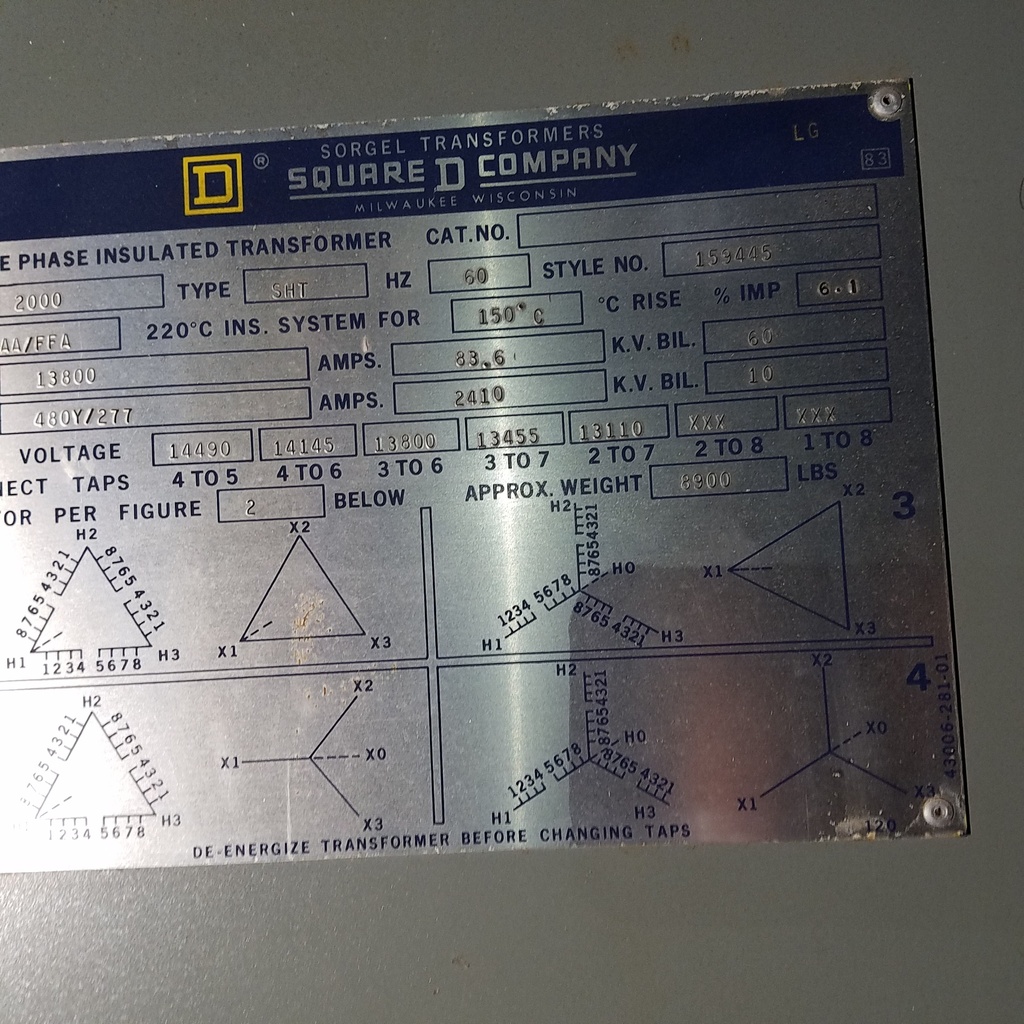 2000 KVA, Pri 13800 D, Sec 480Y/277, SQUARE D, DRY TYPE, INDOOR ENCLOSURE:2