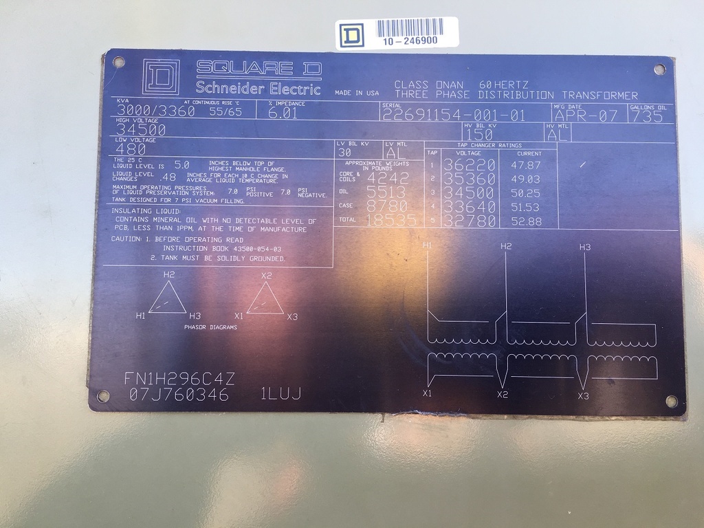 3000/3360 KVA, Pri 34500 D, Sec 480 D, 2007, SQUARE D, LIVE FRONT/RADIAL FEED:1