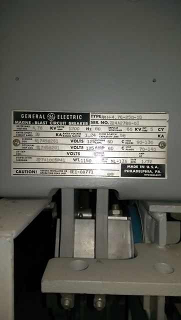 1200 Amp, GE, AMH-4.76-250-1D, 4760 V., ML-13A MECH., 125 VDC CLOSE & TRIP