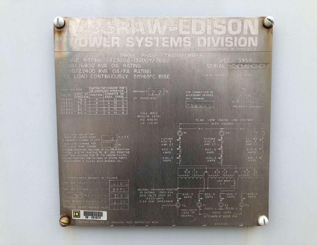 15000/22400 KVA, Pri 142300 D, Sec 13200Y/7620, MCGRAW-EDISON: