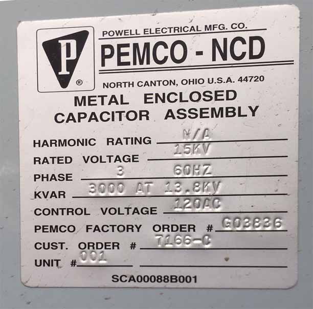 3000 KVAR POWELL OUTDOOR CAPACITOR BANK, 13.8 KV, 2 STEP