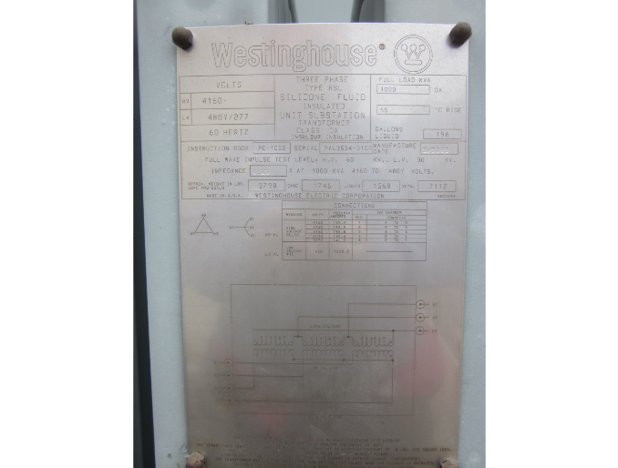 1000 KVA, Pri 4160 D, Sec 480Y/277, WESTINGHOUSE, SILICONE: