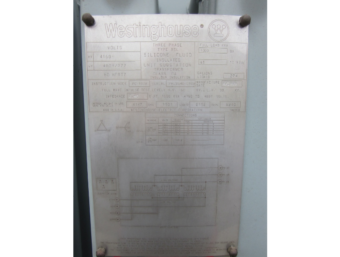1000 KVA, Pri 4160 D, Sec 480Y/277, WESTINGHOUSE, SILICONE: