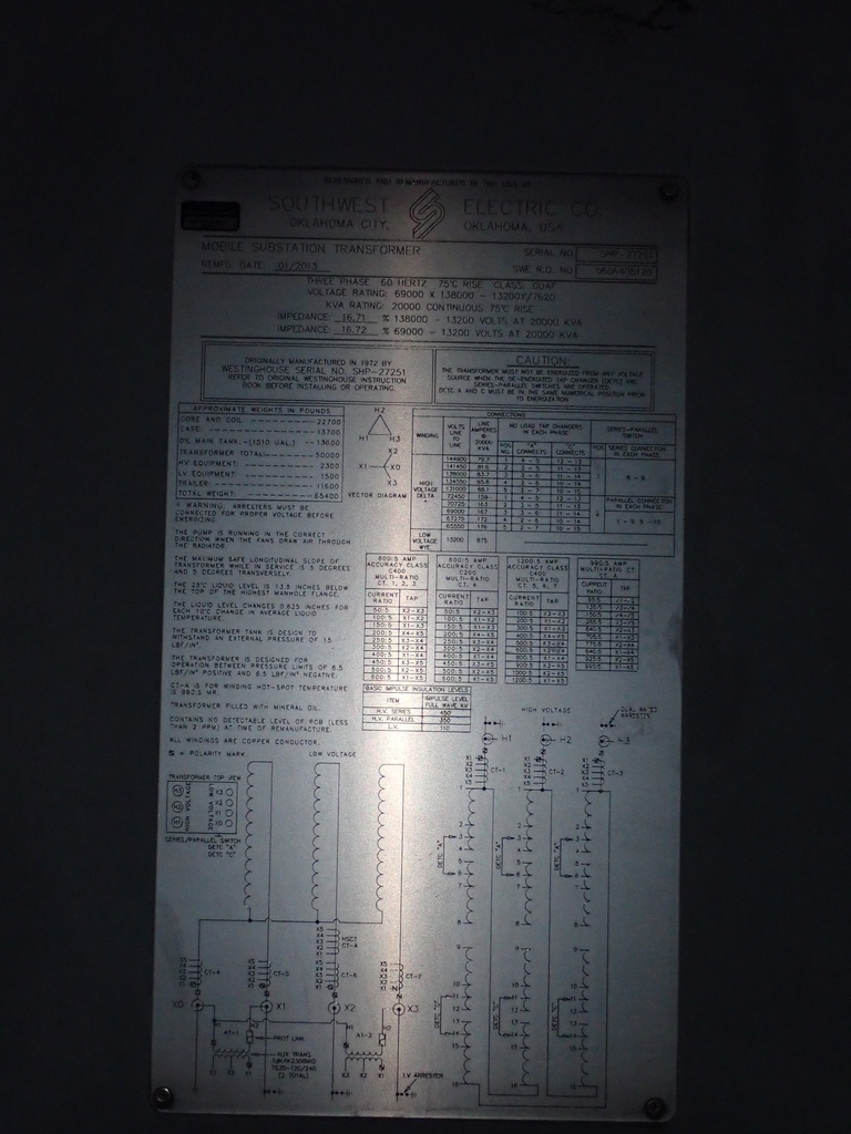 20000 KVA, Pri 138000 D X 69000 D, Sec 13200Y/7620, MOBILE, WHOUSE/SW ELECTRIC