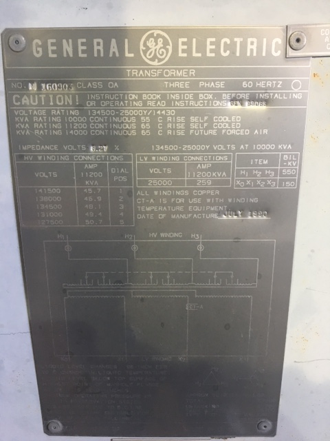 10000/14000 KVA, Pri 134500 D, Sec 25000Y/14430, GENERAL ELECTRIC, COPPER:1