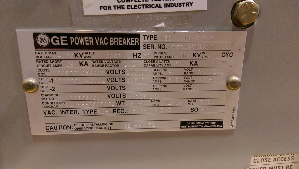 2000 Amp, GE, VB1 4.16-250-3, 2000, 125 VDC CLOSE/TRIP/MOTOR, ML-18 MECHANISM:1
