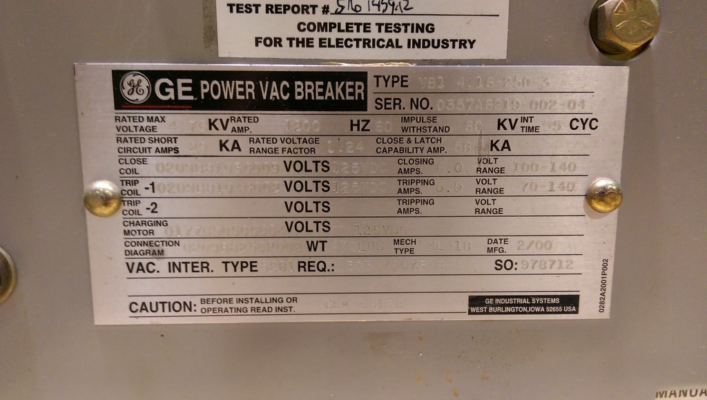 1200 Amp, GE, VB1 4.16-250-3, 2000, 125 VDC CLOSE/TRIP/MOTOR, ML-18 MECHANISM:1