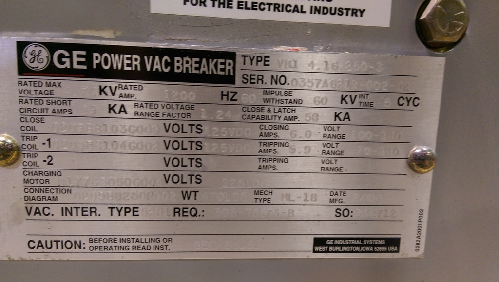1200 Amp, GE, VB1 4.16-250-3, 2000, 125 VDC CLOSE/TRIP/MOTOR, ML-18 MECHANISM:1