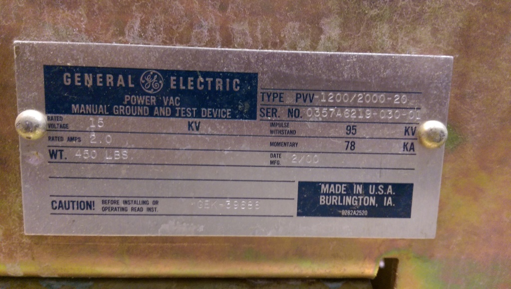 2000 Amp, GE, PVV-1200/2000-20, 15 KV, GROUND & TEST, MANUAL, DRAW-OUT; 1