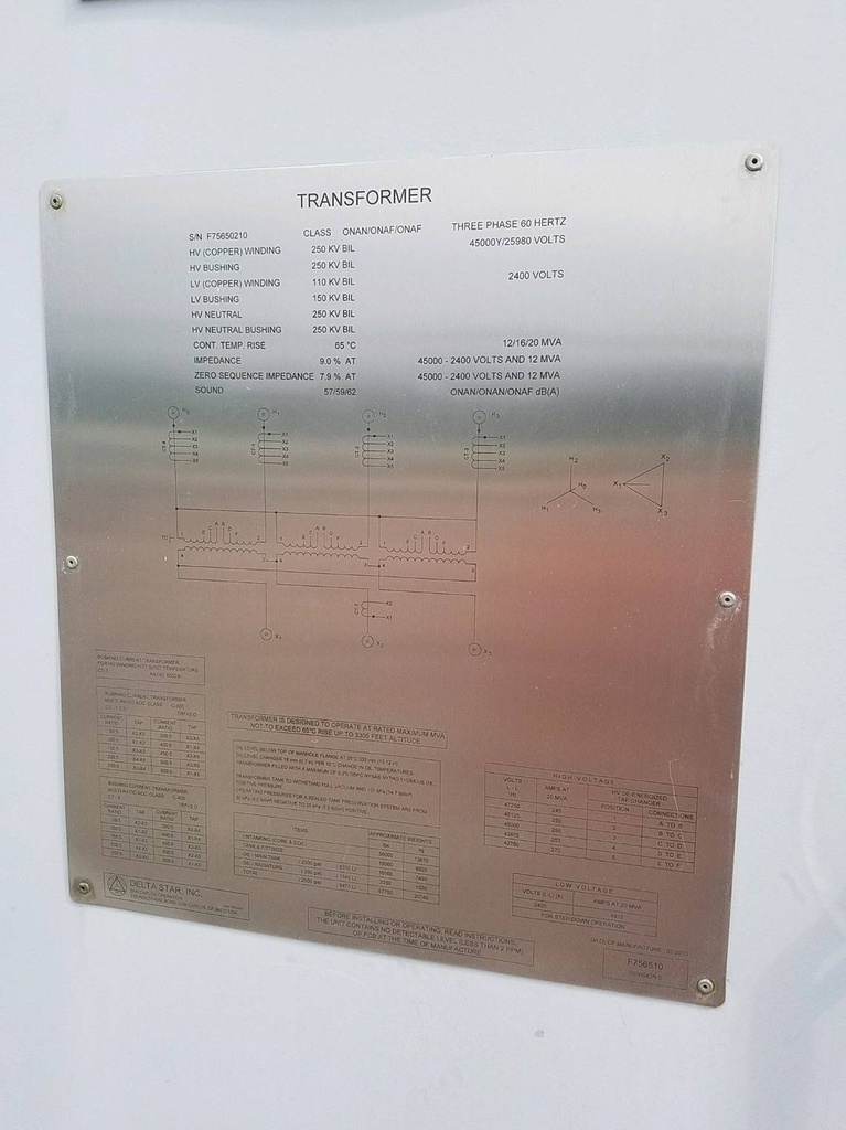 12000/20000 KVA, Pri 45000Y/25980, Sec 2400 D, DELTA STAR, COPPER:1