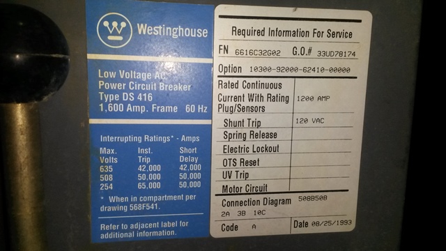 1600 Amp, WESTINGHOUSE, DS416, 480 V., 1993, M/O, D/O, 120 VAC SHUNT TRIP