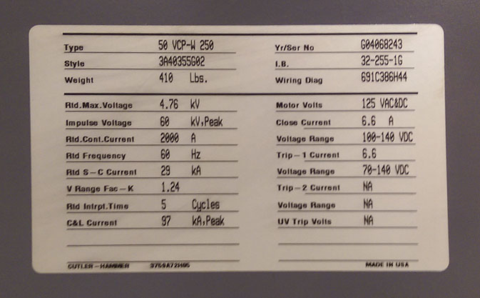 2000 Amp, CUTLER-HAMMER, 50 VCP-W 250, 4760 V., 2004, 125 VDC