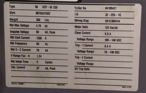 1200 Amp, CUTLER-HAMMER, 50 VCP-W 250, 4760 V., 2004, 125 VDC