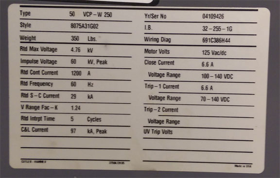 1200 Amp, CUTLER-HAMMER, 50 VCP-W 250, 4760 V., 2004, 125 VDC