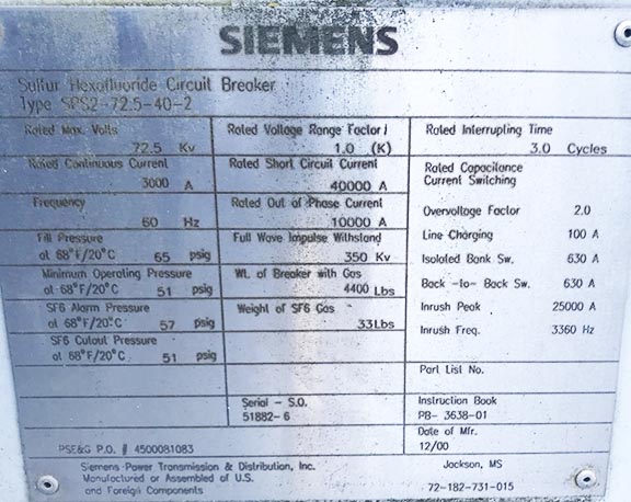 3000 Amp, SIEMENS, SPS2-72.5-40-2, 72.5 KV, 2000, SPRING CHARGED MECHANISM