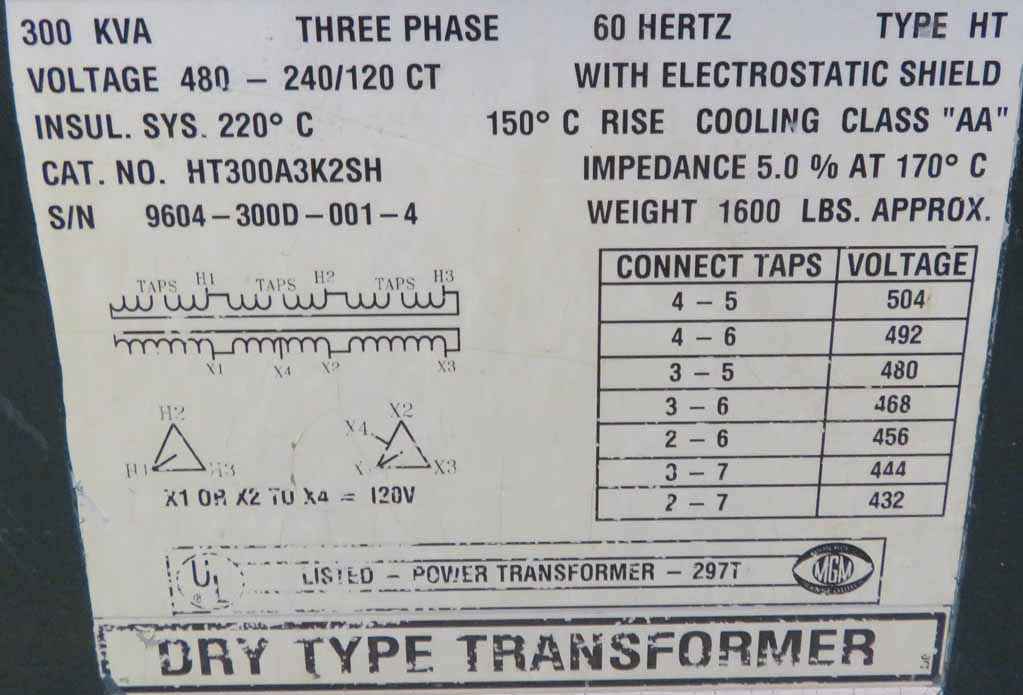 300 KVA, Pri 480 D, Sec 120 D, MGM INDOOR DRY TYPE TRANSFORMER