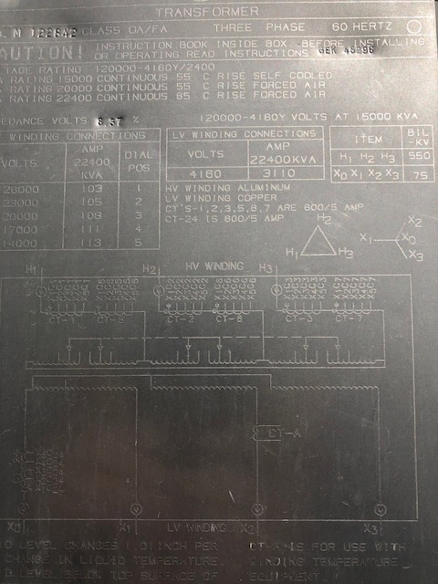 15000/22400 KVA, Pri 120000 D, Sec 4160Y/2400, GENERAL ELECTRIC:1
