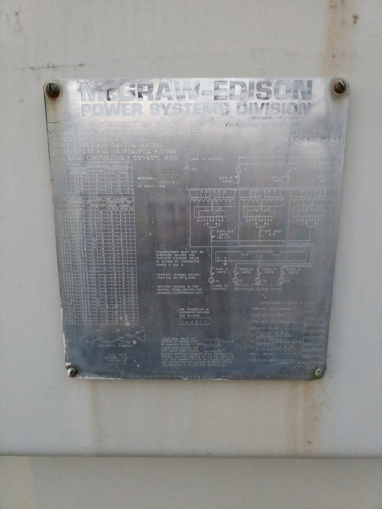 20000/37333 KVA, Pri 69000Y/39840, Sec 12470Y/7200, MCGRAW-EDISON, LTC:1