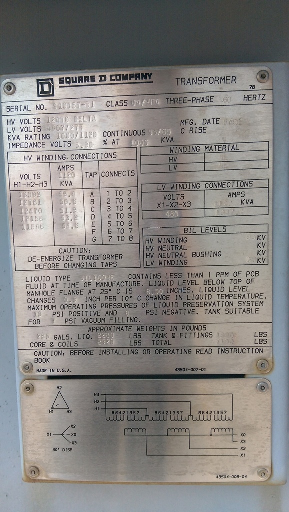 1000/1120 KVA, 12470D, Sec 480Y/277, 1991, SQUARE D, SILICONE SUBSTATION