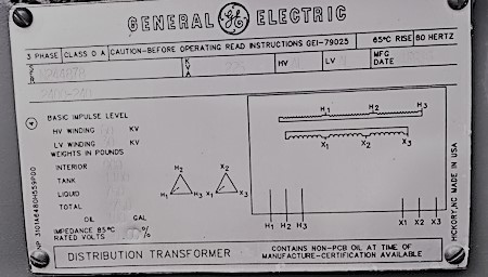 225 KVA, Pri 2400 D, Sec 240 D, 1983, GE PADMOUNT, LF/RF