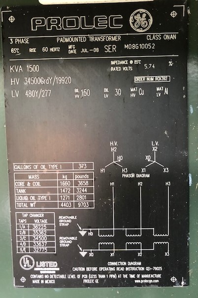 1500 KVA, Pri 34500GRDY/19920, Sec 480Y/277, 2008, GE PROLEC, LIVE/RADIAL
