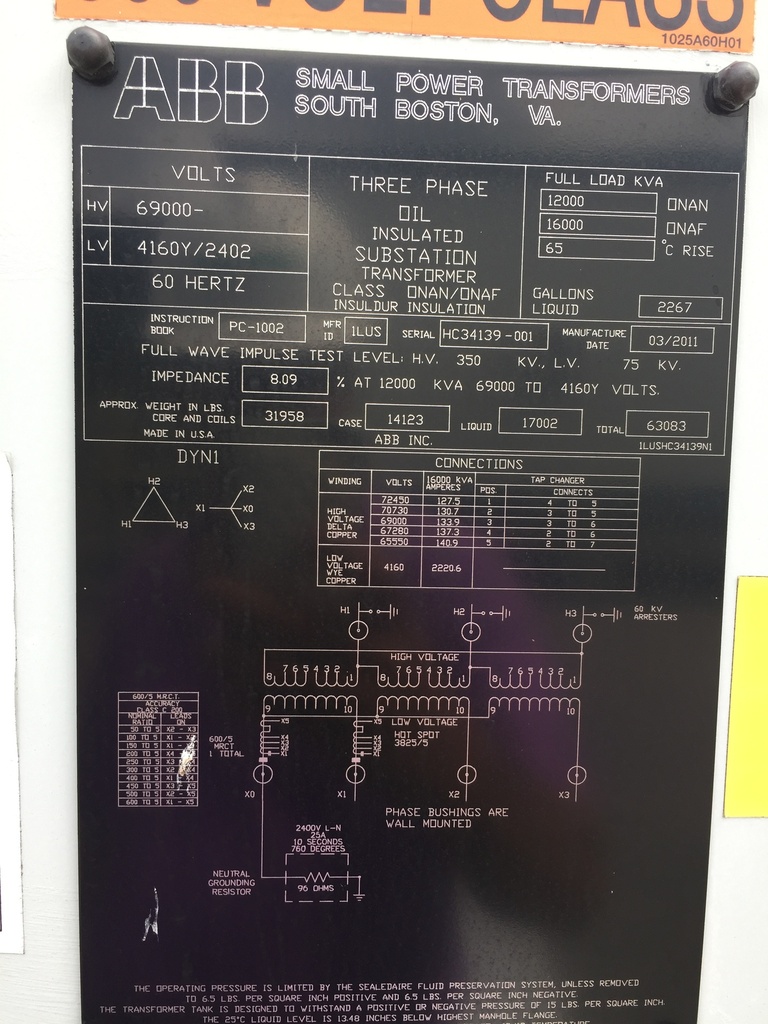 12000/16000 KVA, Pri 69000 D, Sec 4160Y/2402, 2011, ABB, COPPER:1
