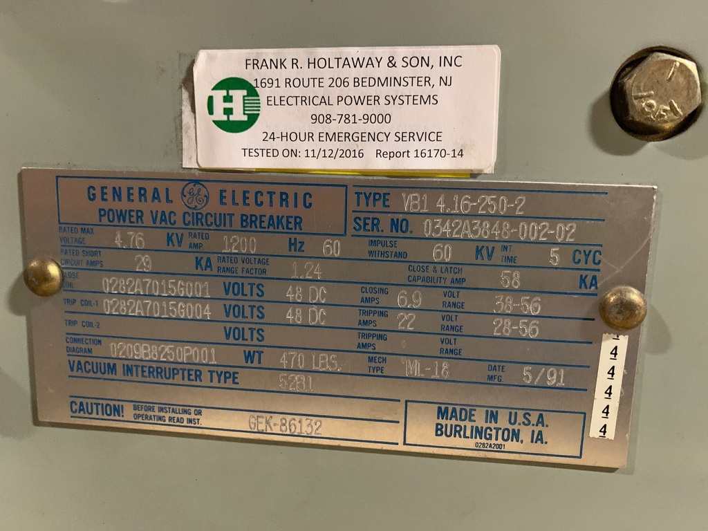 1200 Amp, GENERAL ELECTRIC, VB1 4.16-250-2, 4160 V., 1991, 48 VDC, ML-18:1