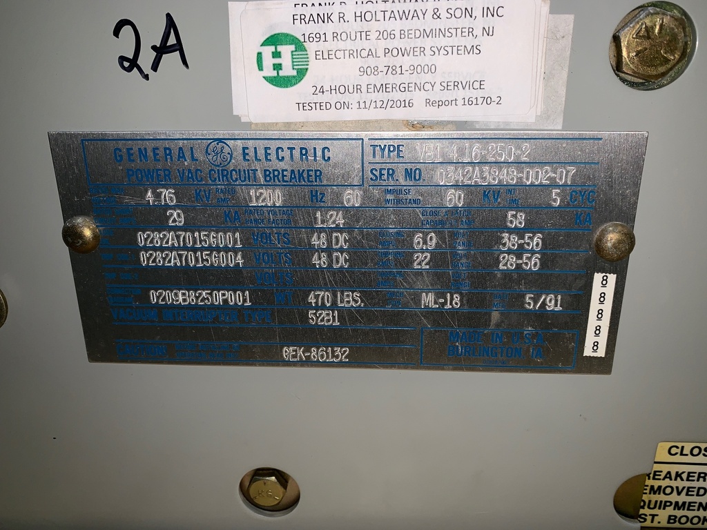 1200 Amp, GENERAL ELECTRIC, VB1 4.16-250-2, 4160 V., 1991, 48 VDC, ML-18:1