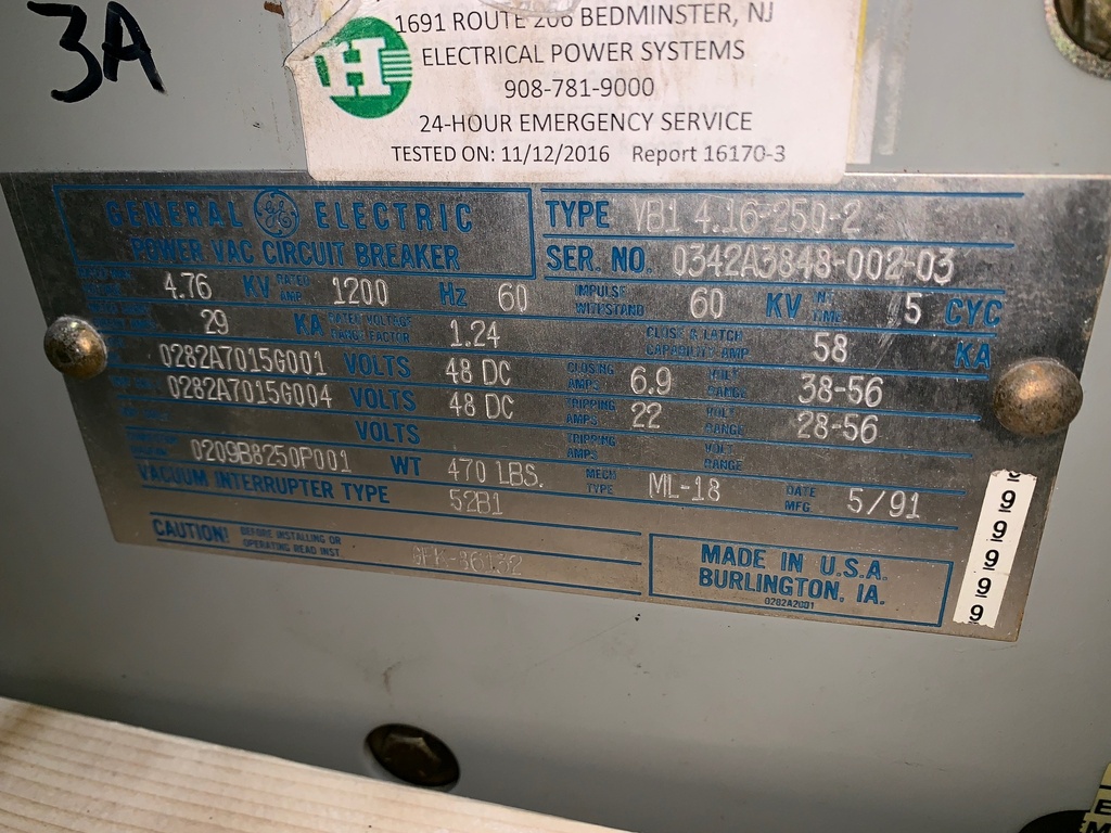 1200 Amp, GENERAL ELECTRIC, VB1 4.16-250-2, 4160 V., 1991, 48 VDC, ML-18:1