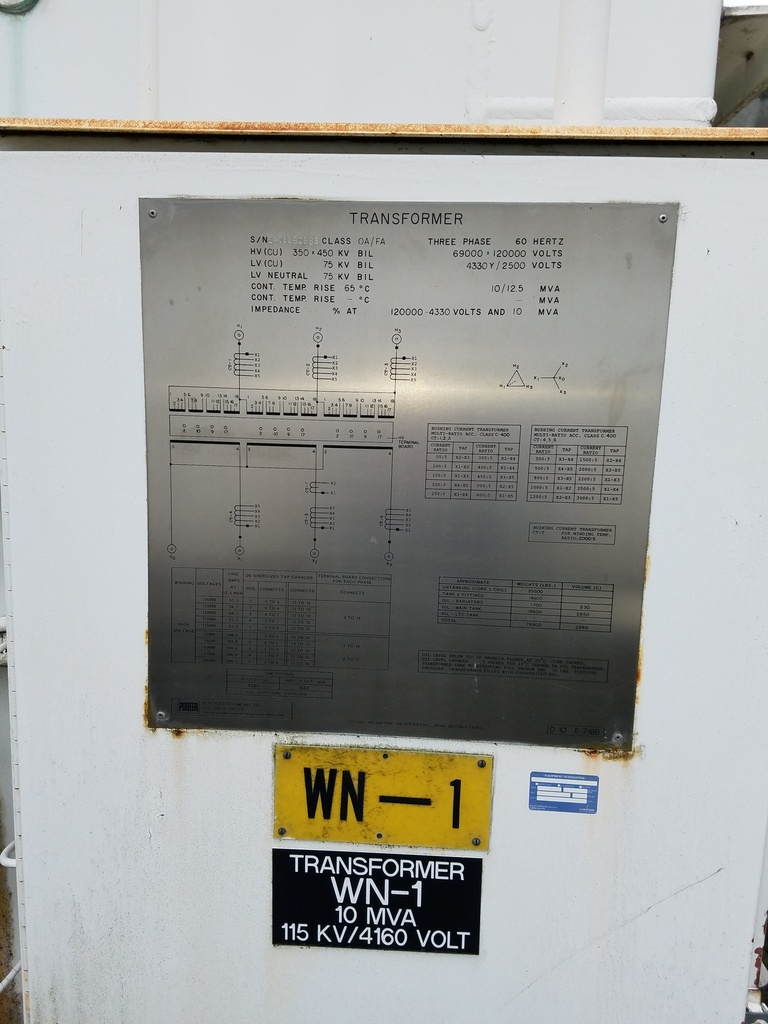 10000/12500 KVA, Pri 69000 D X 120000 D, Sec 4330 Y/2500, HK PORTER:1